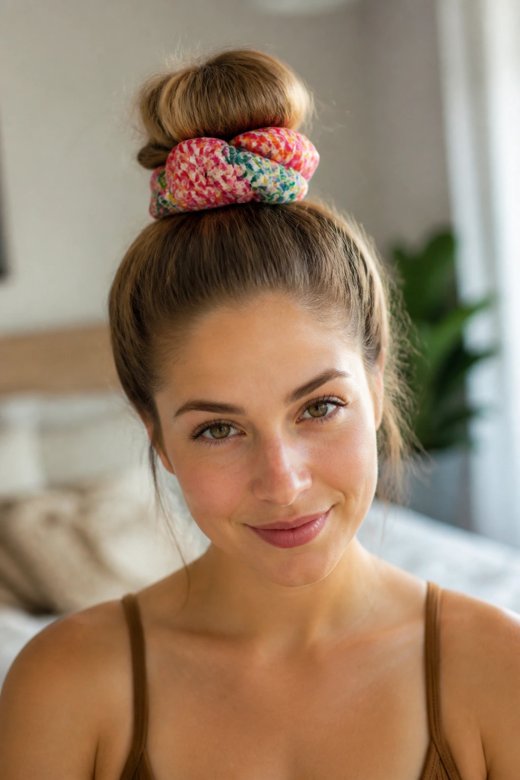 Close-up of a real person with a high bun secured by a colorful scrunchie in natural window light