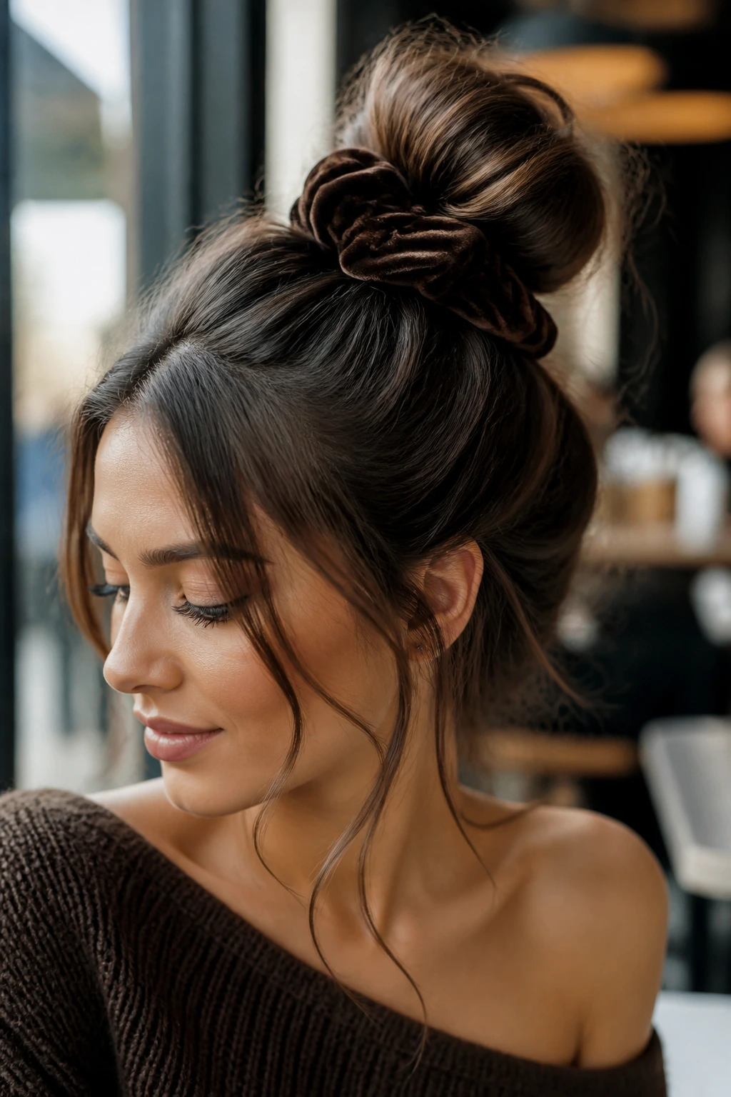 Close-up of a real woman with a high messy bun secured by a velvet scrunchie in chocolate brown hair