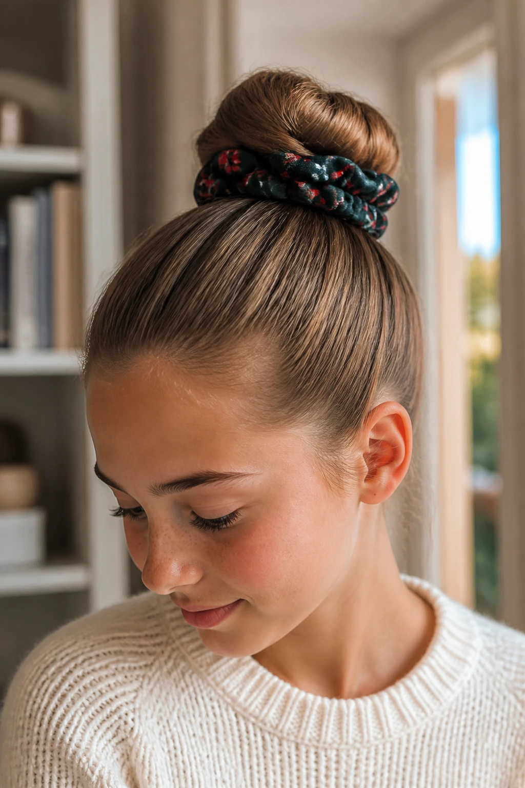 Close-up of a real person with a sleek high bun and a festive scrunchie in a classroom