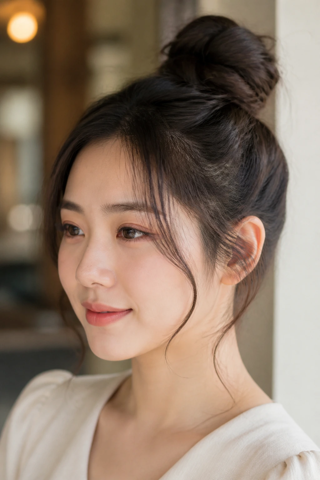 Real woman in a high bun with delicate side tendrils.