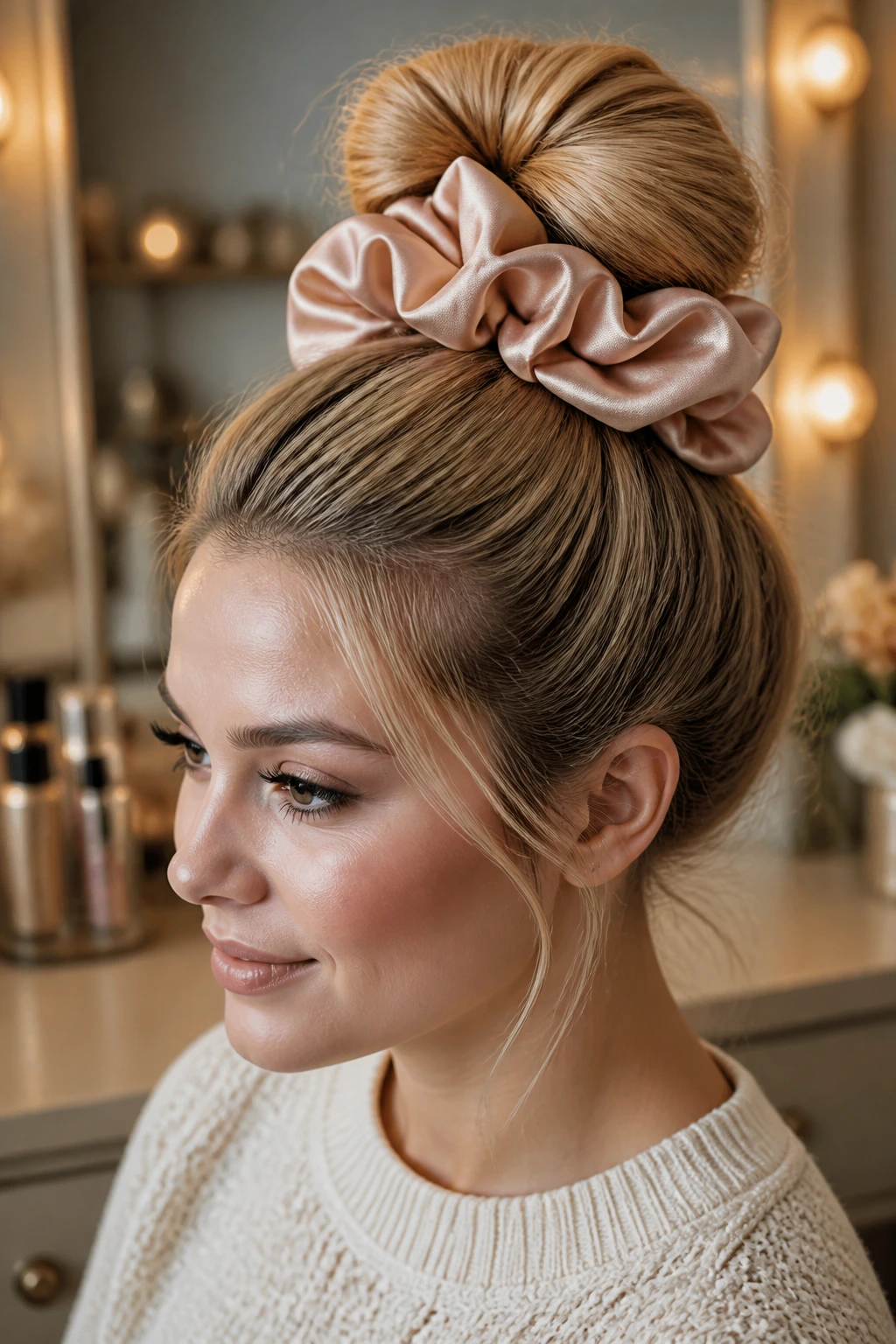 Close-up of a real woman with a high bun and silk scrunchie