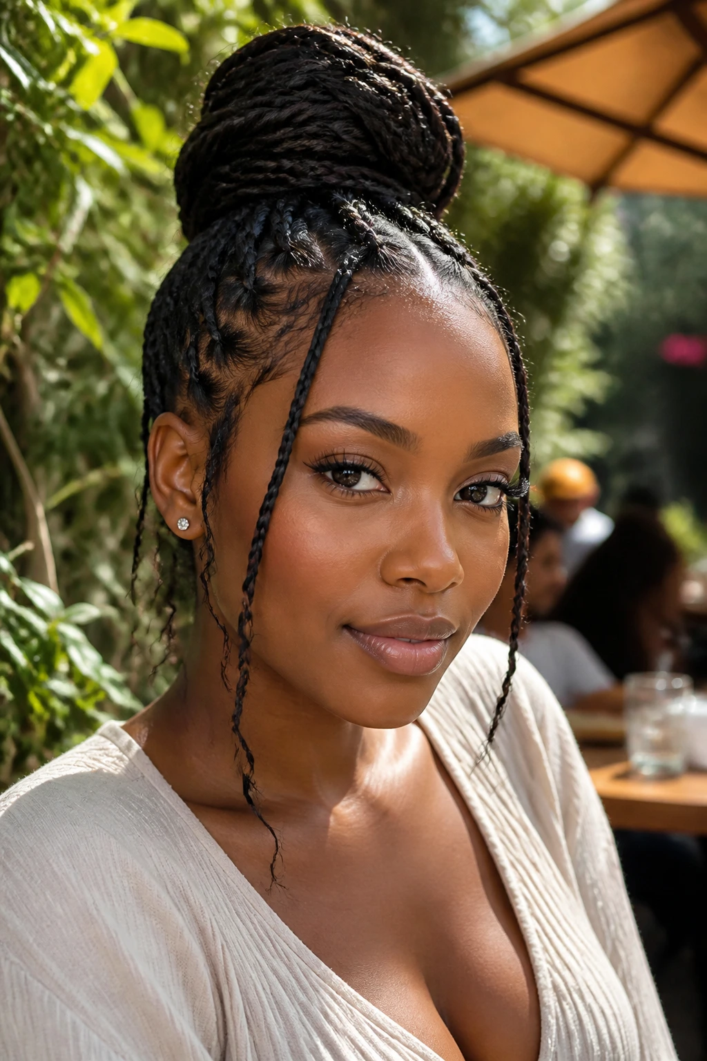 Close-up of high bun with braided tendrils on a real woman