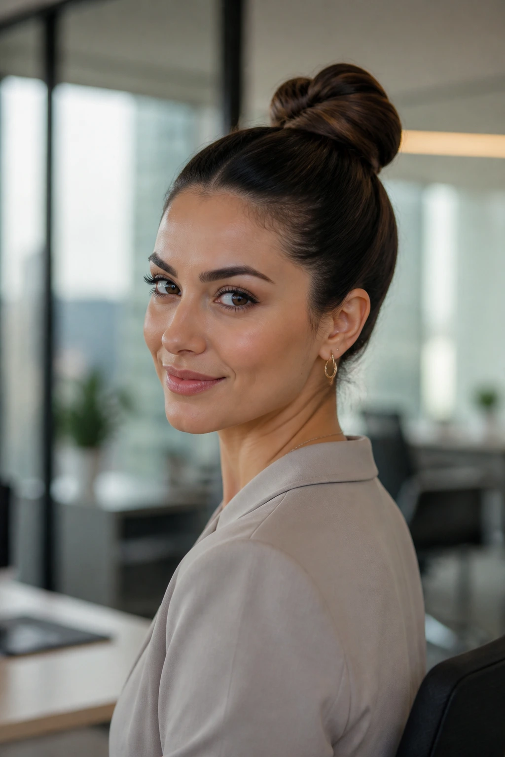 Portrait of a woman with a sleek high bun in a modern office setting