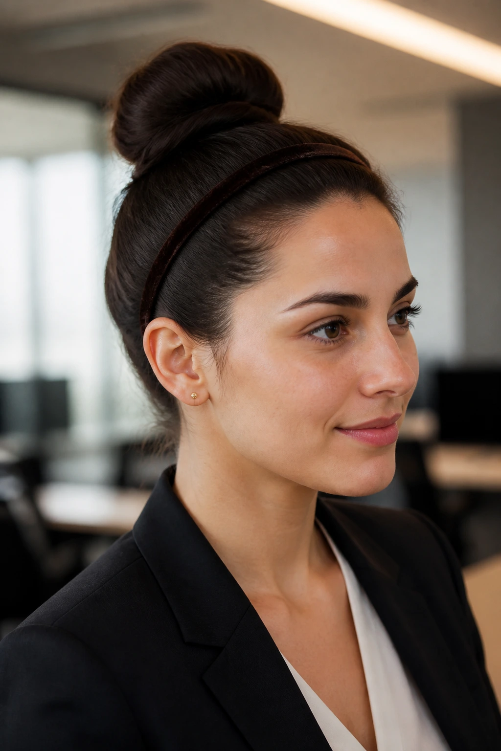 Portrait of a real woman with a high polished bun and chocolate velvet hoop in an office