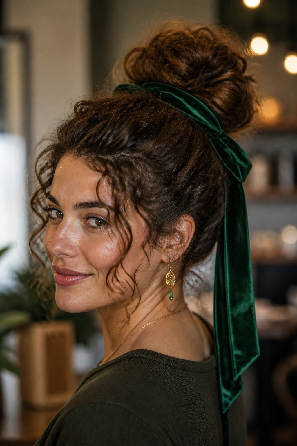 Close-up of a real woman with a high bun and green velvet ribbon