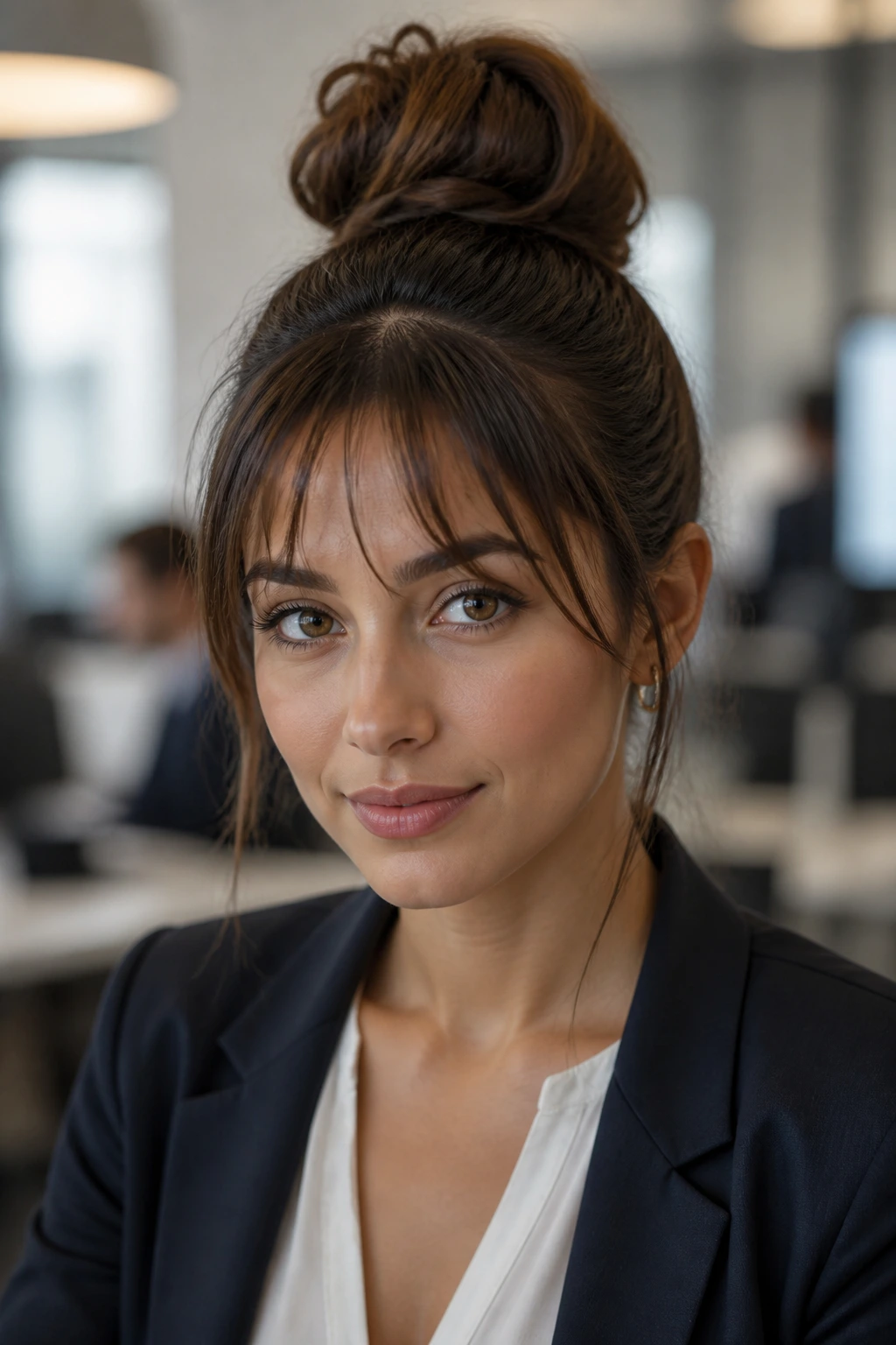 Close-up of a woman with a high bun and wispy bangs in an office setting
