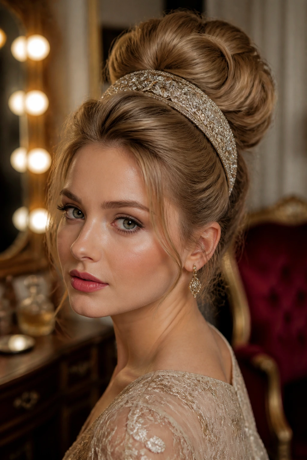 Portrait of a woman with a high chignon and wide headband in retro dressing room