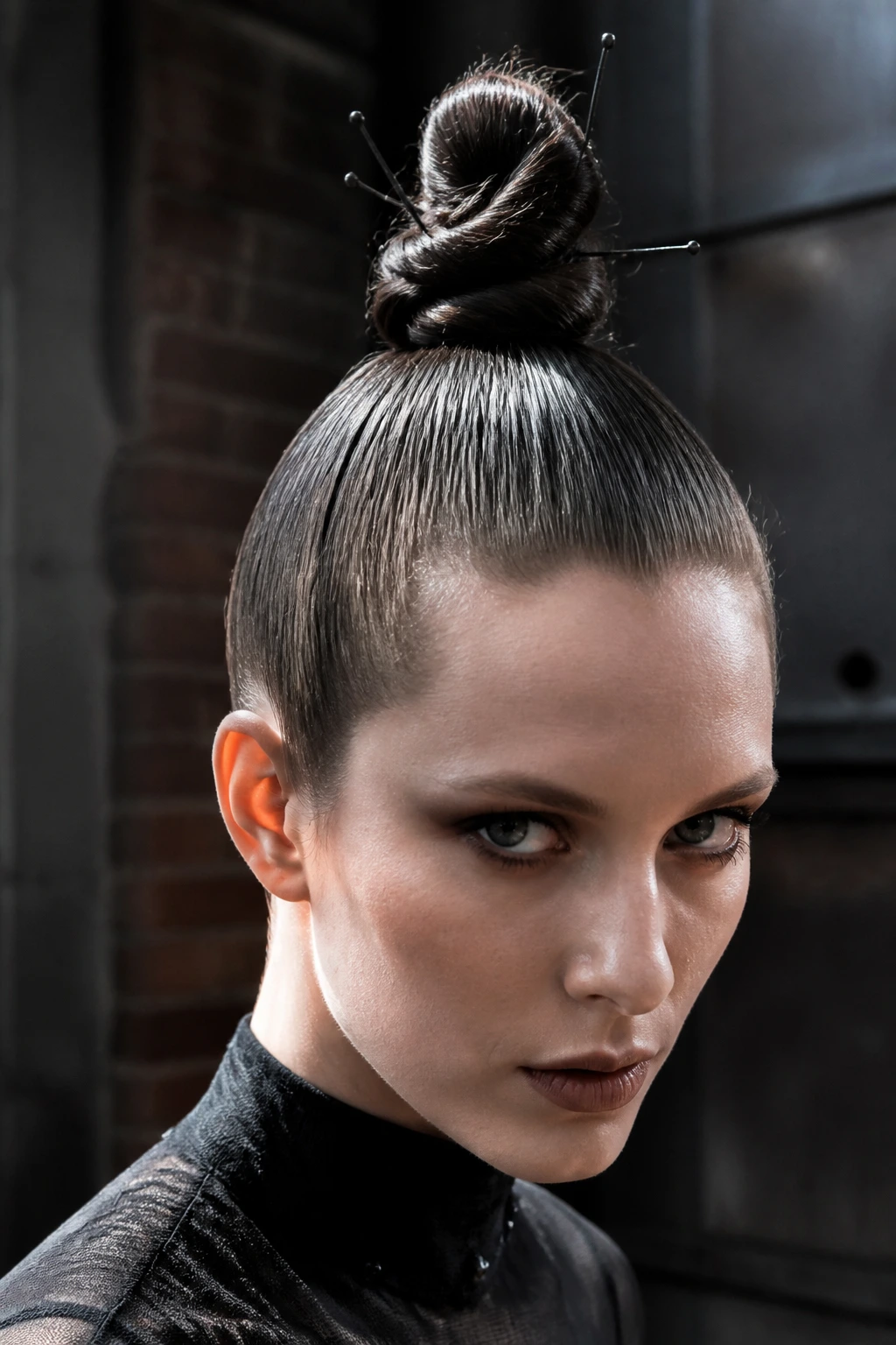 Close-up of an extremely high chignon with visible pins