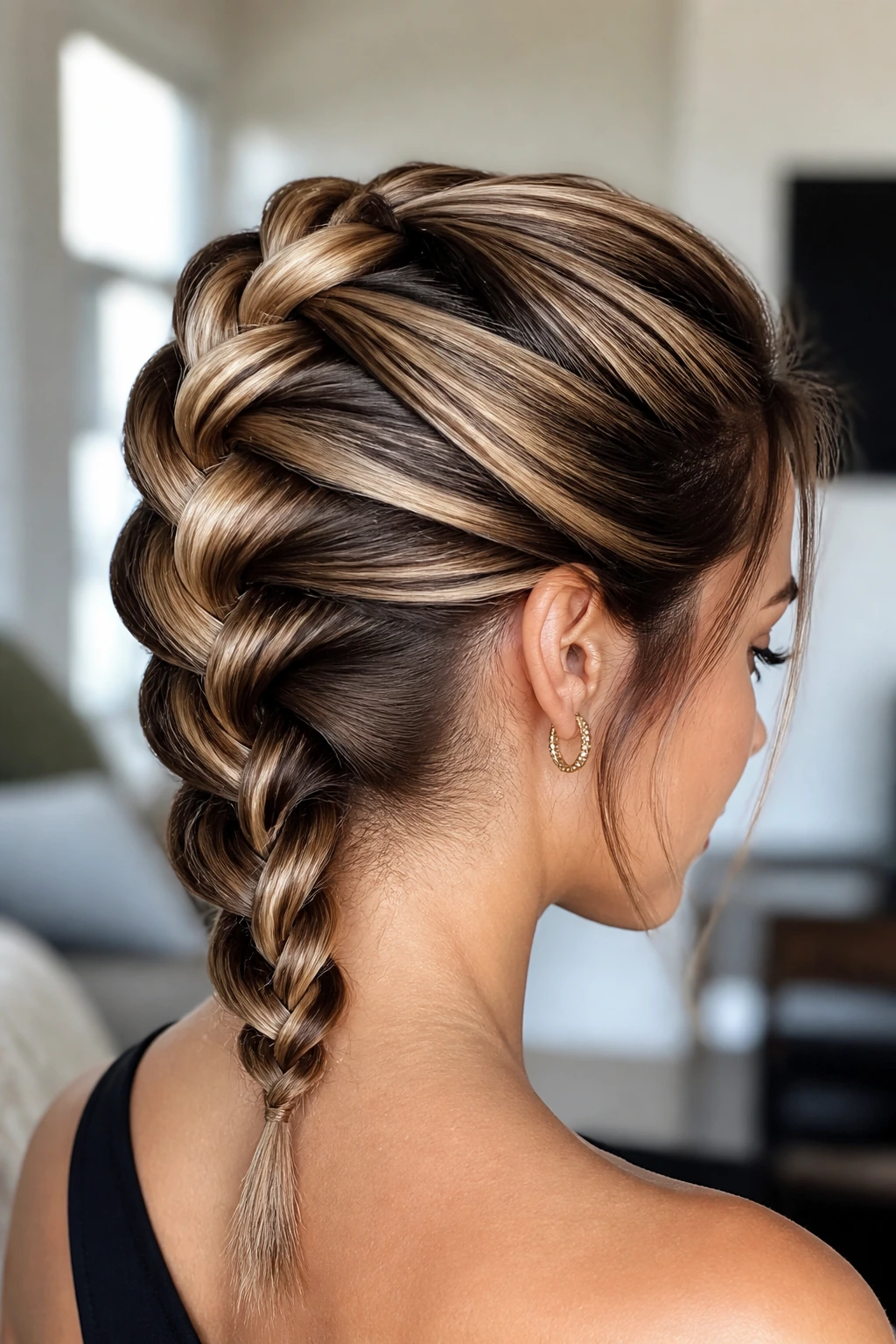 Close-up of a real person with a high-shine, high-contrast banana braid and color depth