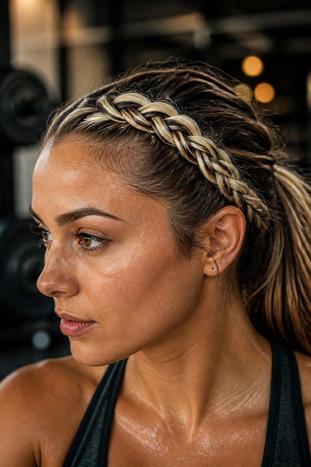 Close-up of a real person with a high-contrast braided headband showing color highlights