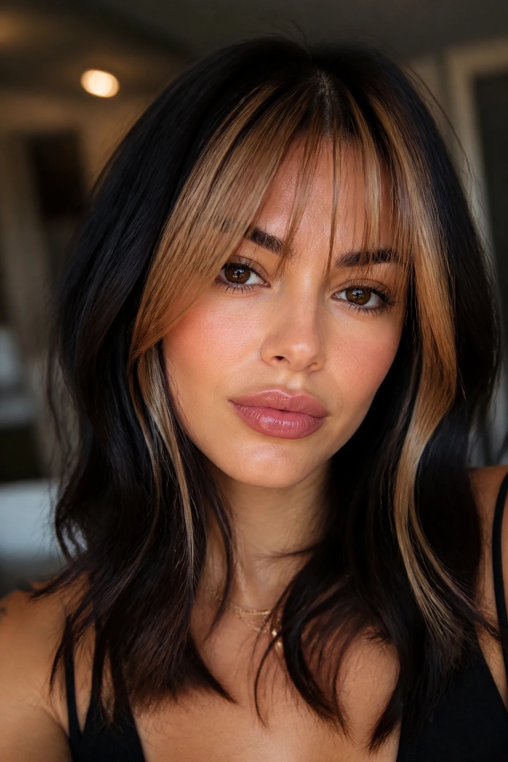 Close-up of a person with light honey fringe on dark espresso hair, highlighting contrast.