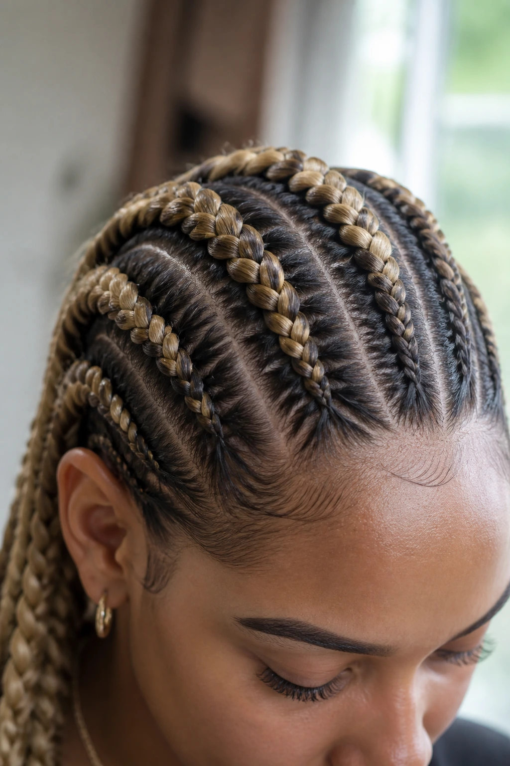 Close-up of natural roots blending into colored extensions for a high-contrast look.