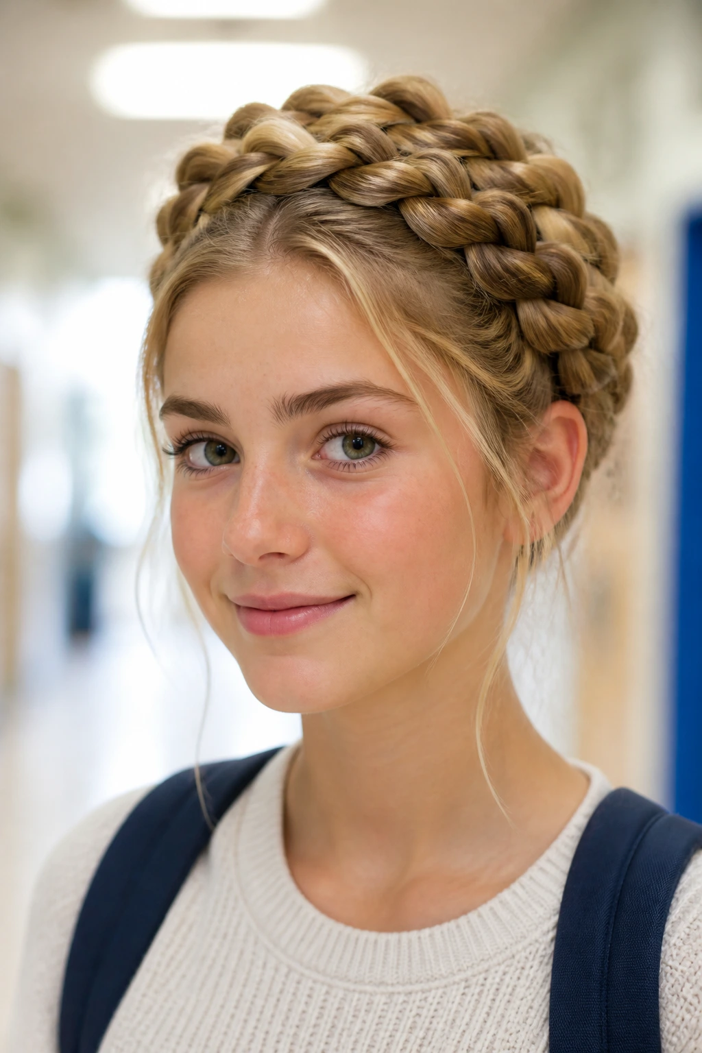 Close-up of a real person with a high crown Dutch wrap braids forming a crown on top, in a school hallway.