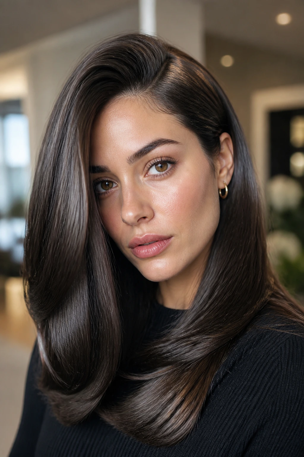 Close-up of a real woman with a sleek, high-gloss blowout under soft indoor lighting