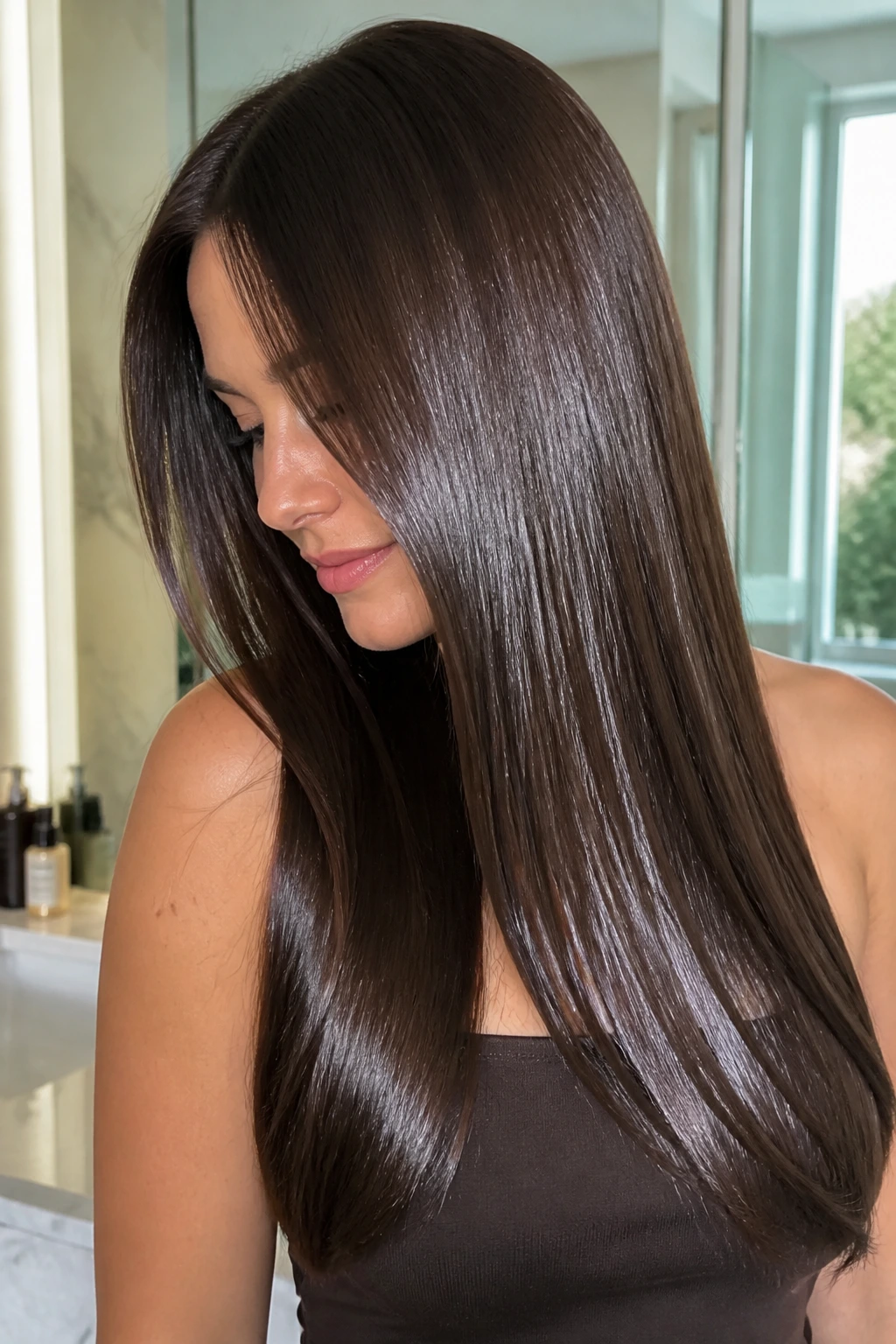 Real woman with wet-look chocolate brown hair and mirror-like shine.