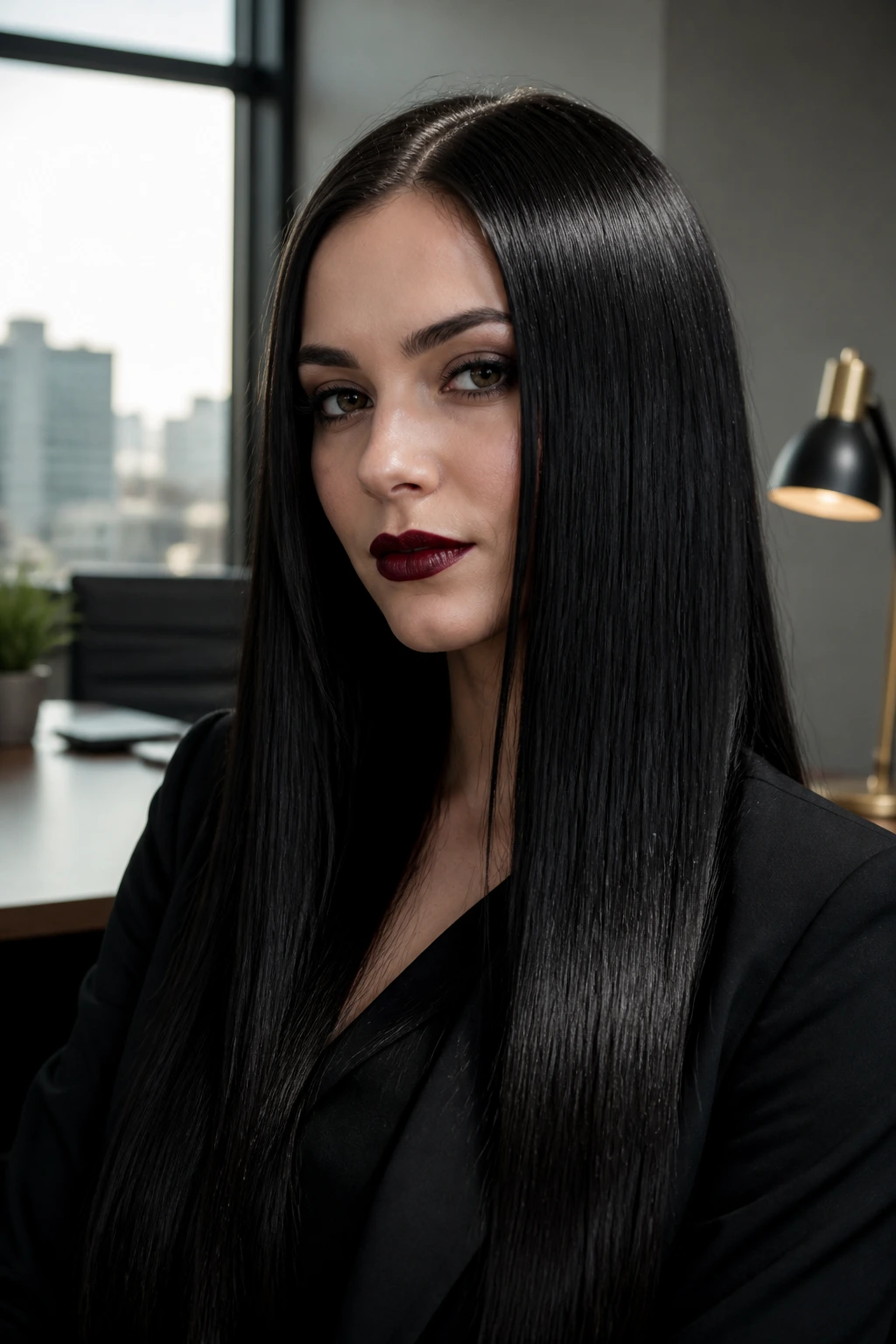 Close-up of a real person with a bone-straight, high-gloss long mane in an office