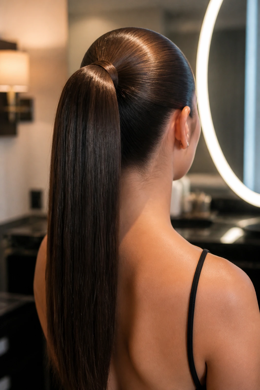 Back view of woman with high gloss ponytail in warm dressing room