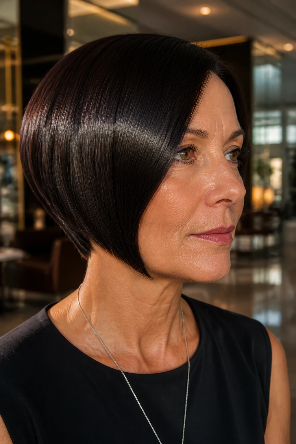 Portrait of a real person with sleek high-gloss wedge haircut