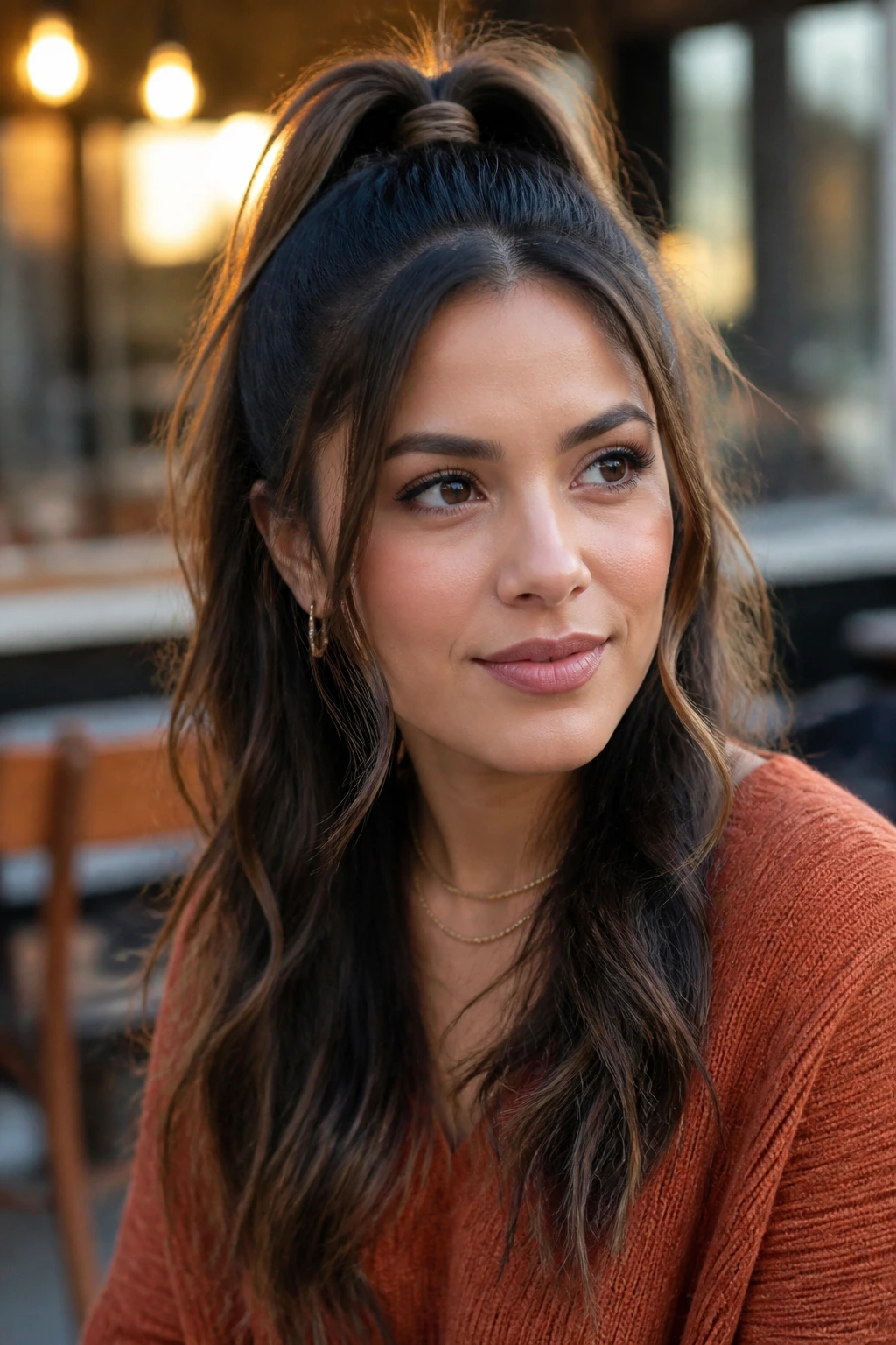 Close-up of a woman with a high half-ponytail in natural light