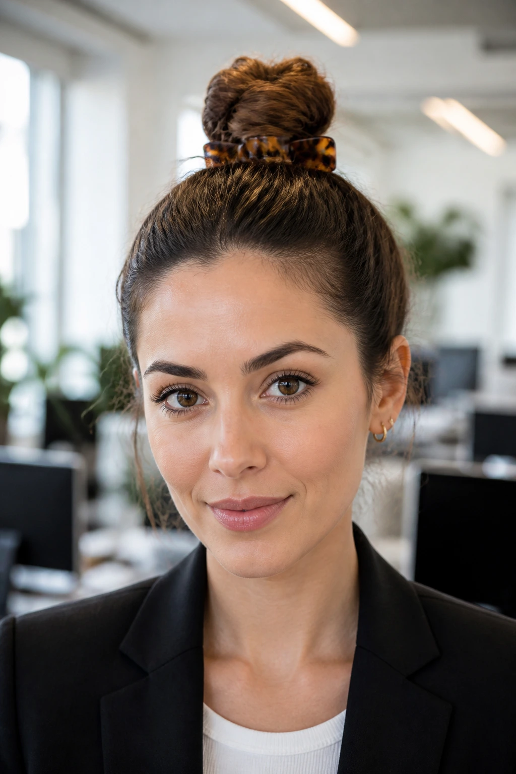Close-up of a real person with a high knot secured by a claw clip in a bright office