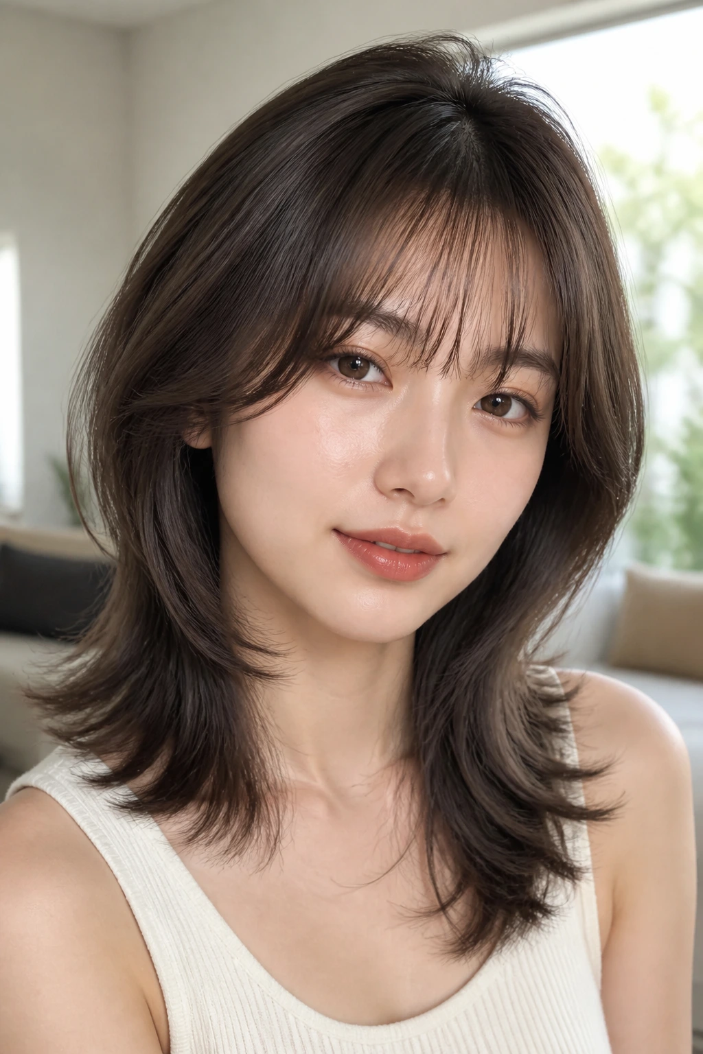 Close-up of a real woman with high-layered medium cut and see-through bangs