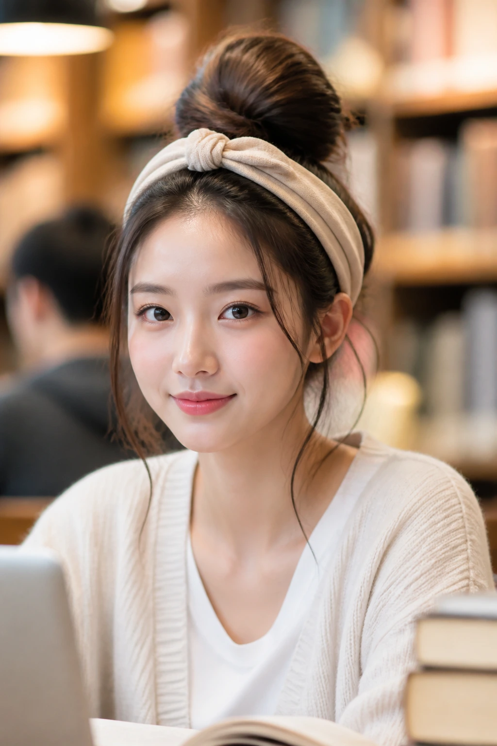 Portrait of a person with a high messy bun and headband.