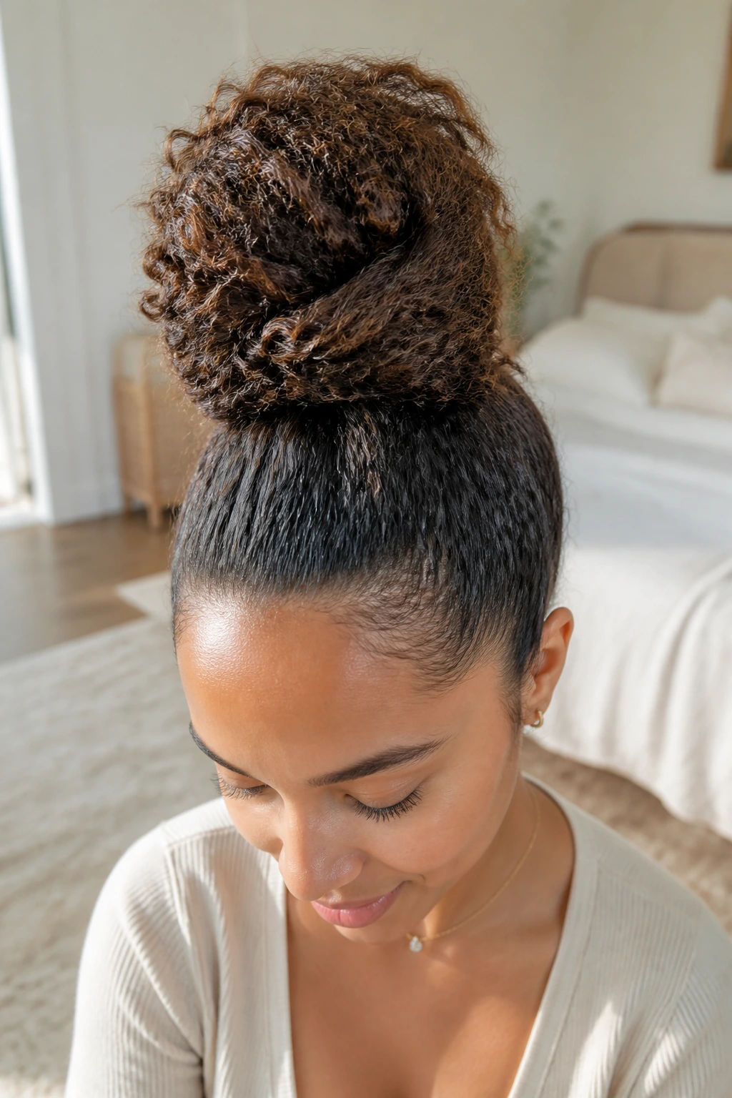 Close-up of a real woman with a high pineapple bun at the crown