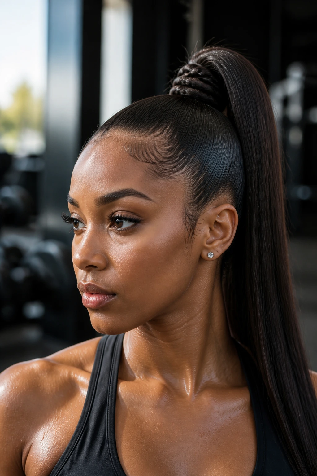 Close-up of a real athlete with a high sleek pony and braided base
