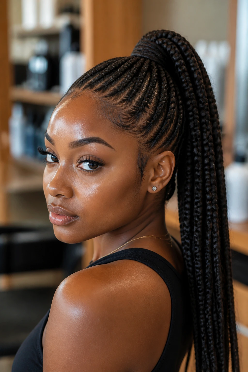 Close-up of a real Black woman with a braided high ponytail in a warm salon setting