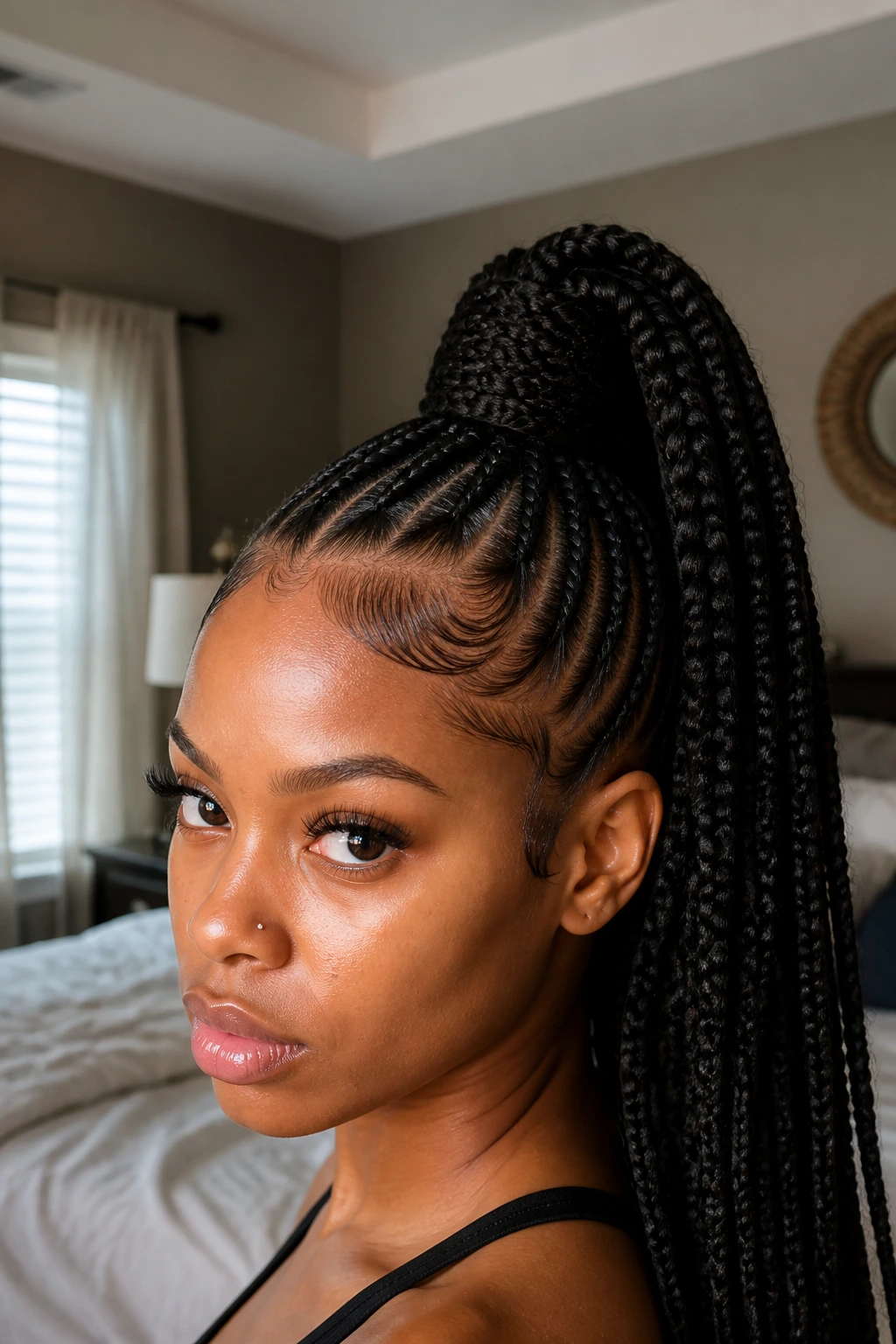 Close-up of a real woman with high-ponytail braids with wrapped base in natural window light