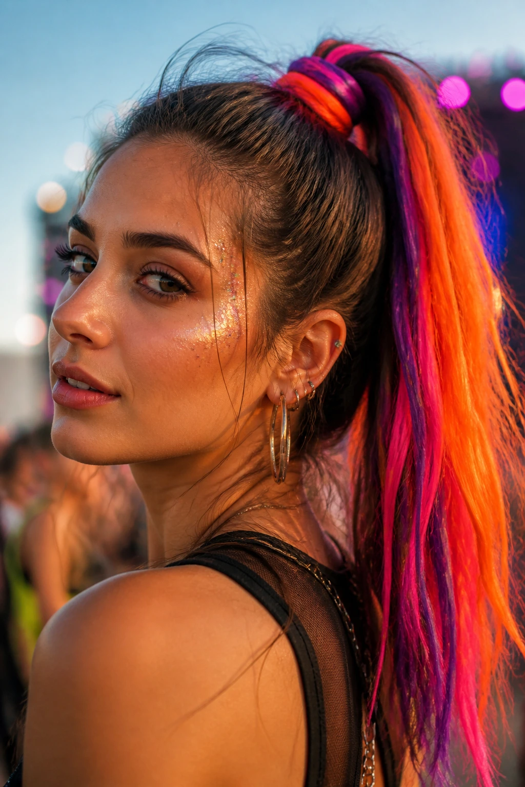 Close-up of a real person with a high pony and colored extensions
