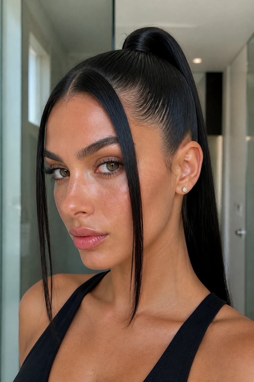 Close-up of a real woman with a sleek high pony and face-framing pieces under bright light