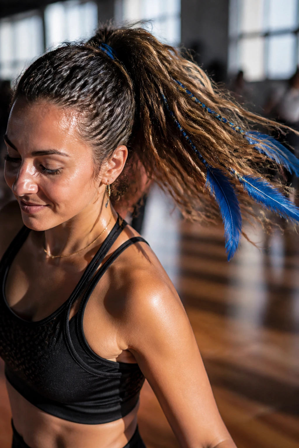 Portrait of a real person with a textured high pony and blue feather tassels in a dance studio
