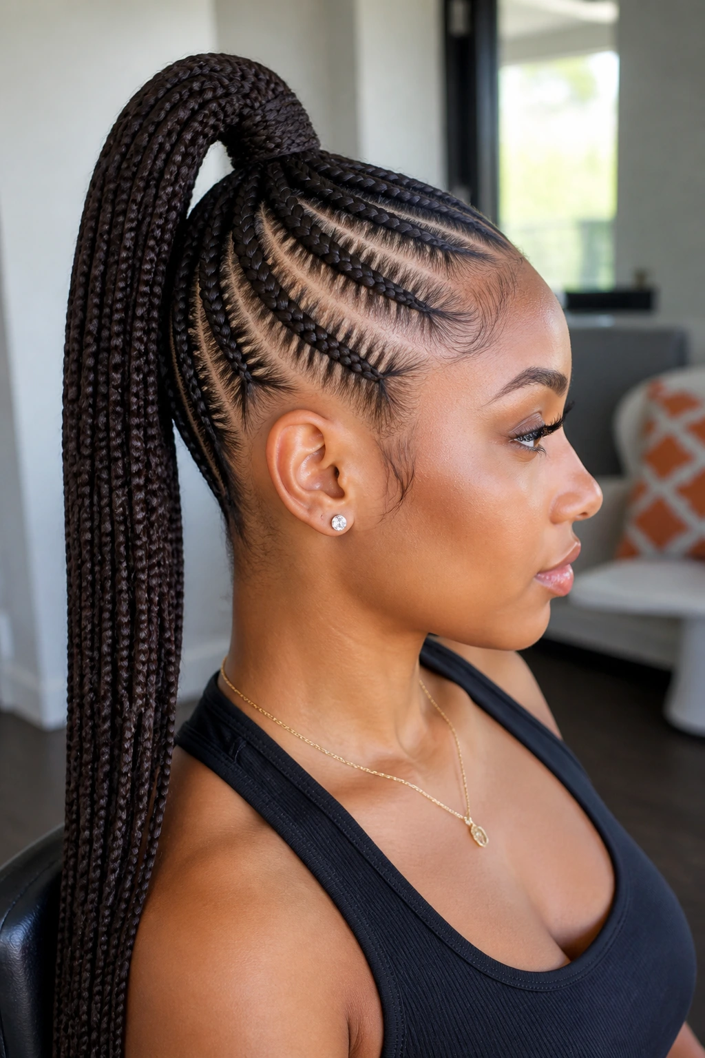 Real person with high-ponytail feed-in cornrows from crown to ponytail