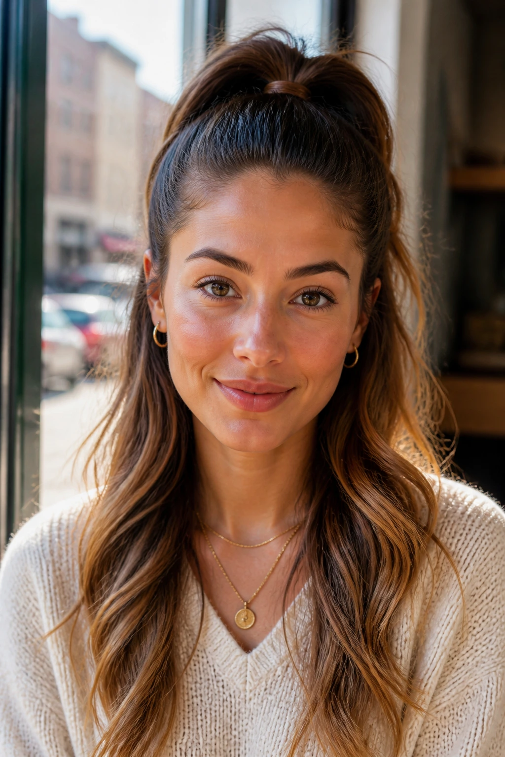 Close-up of a real woman with a high pony half-up hairstyle in a sunlit cafe window
