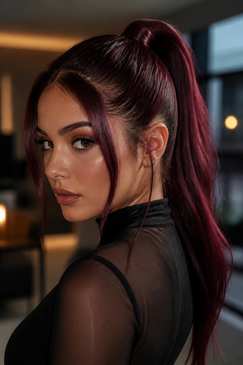 Close-up of a real woman with a sleek maroon high pony and face-framing tendrils