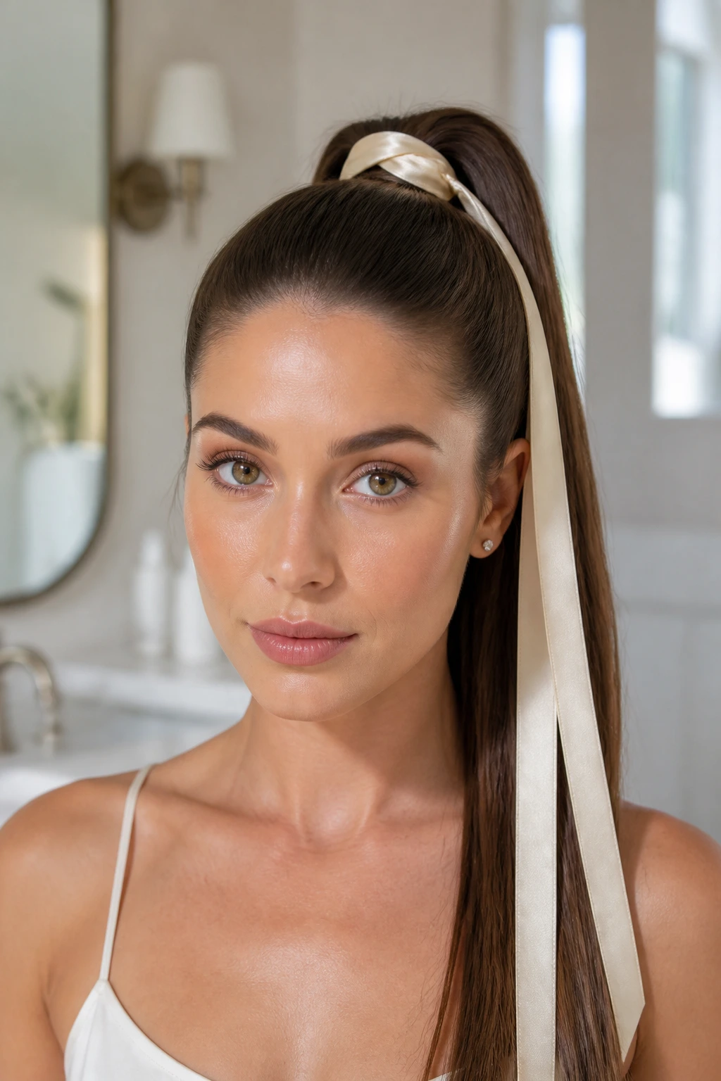 Portrait of a woman with a sleek high pony and long trailing ribbon.
