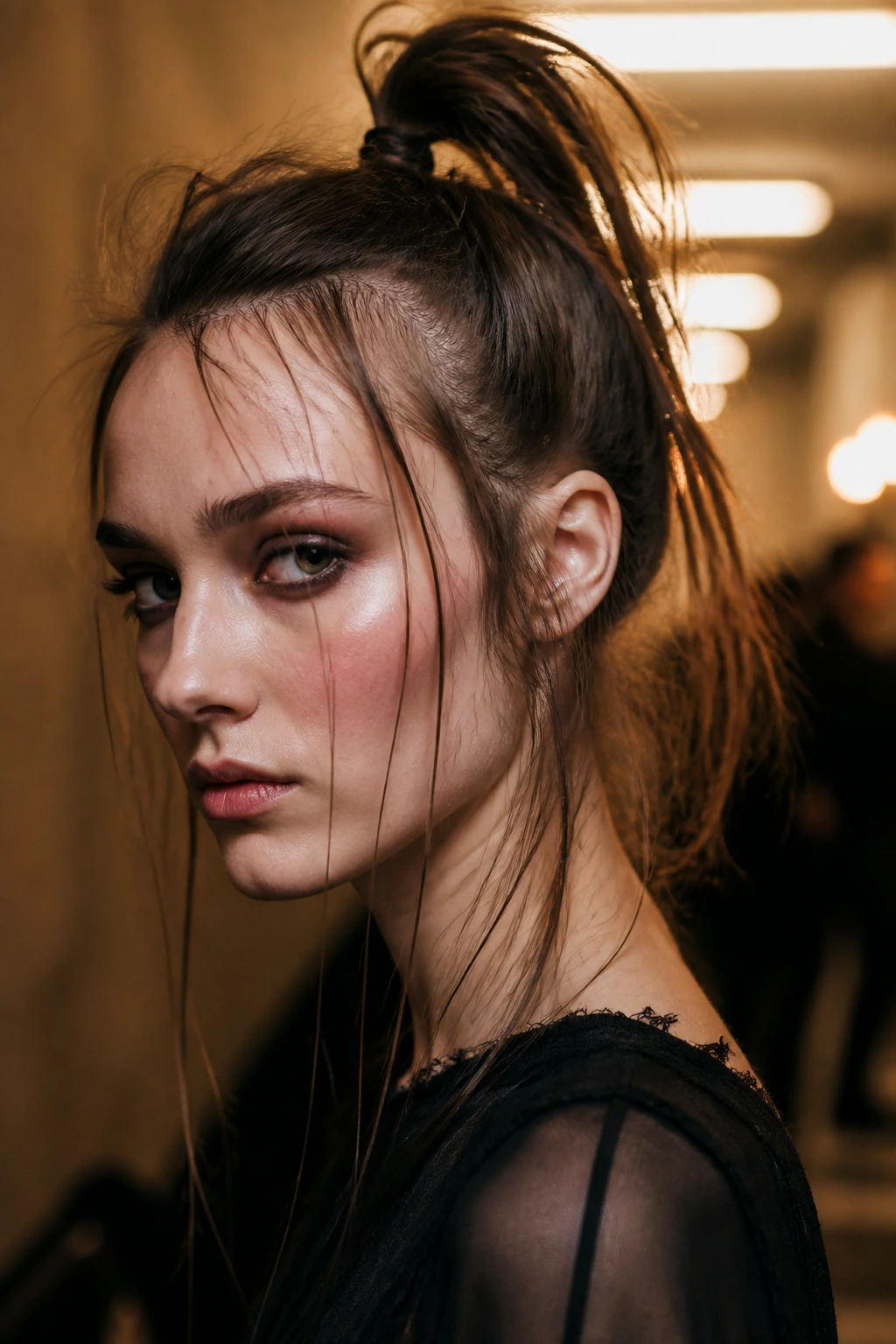Close-up of a real woman with a loose high pony and stray strands.