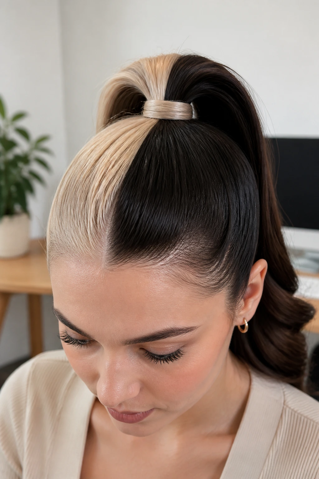 Close-up of a real woman with a high pony and twist showing split-dye colors
