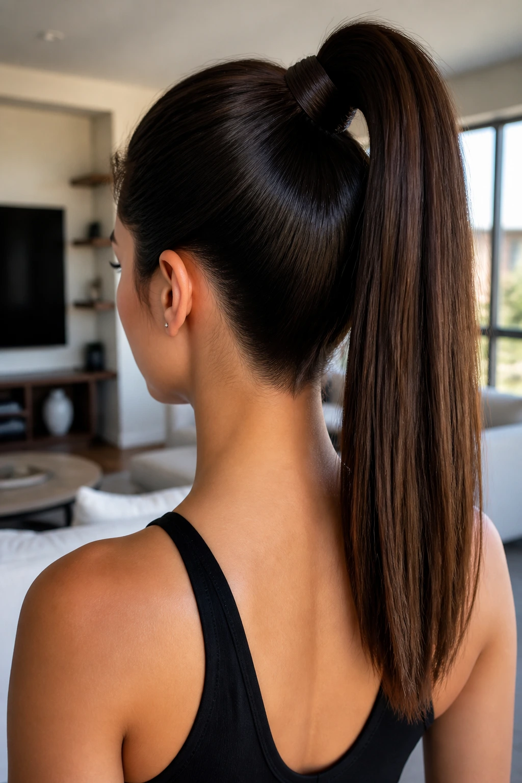 Back view of a woman with a high pony and V-cut back