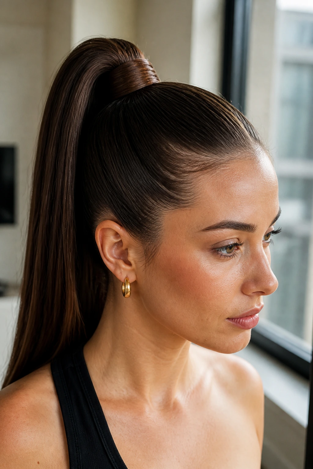 Close-up of a real woman with a sleek high pony and wrap at the base