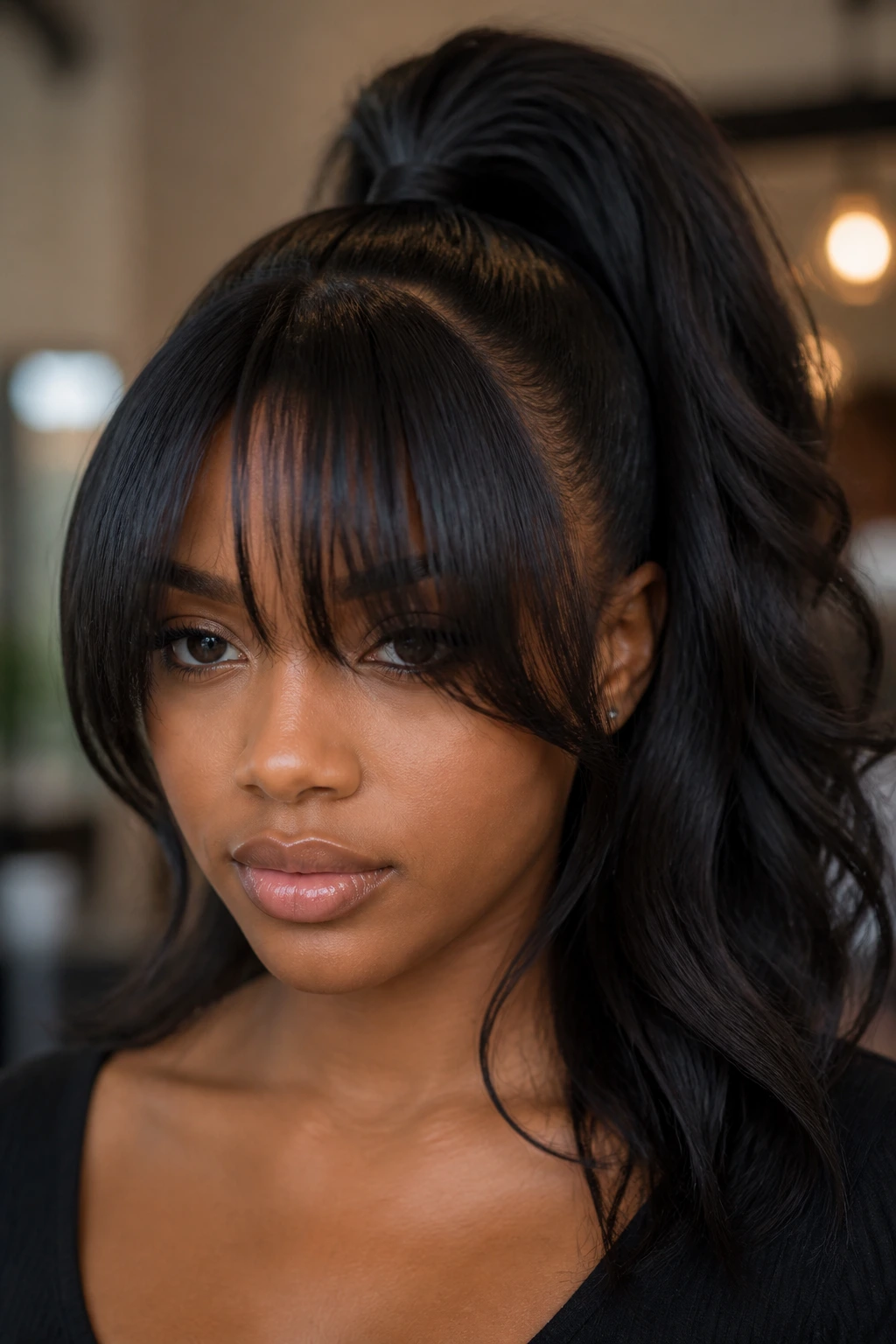 Close-up of a woman with a high ponytail and thick bangs
