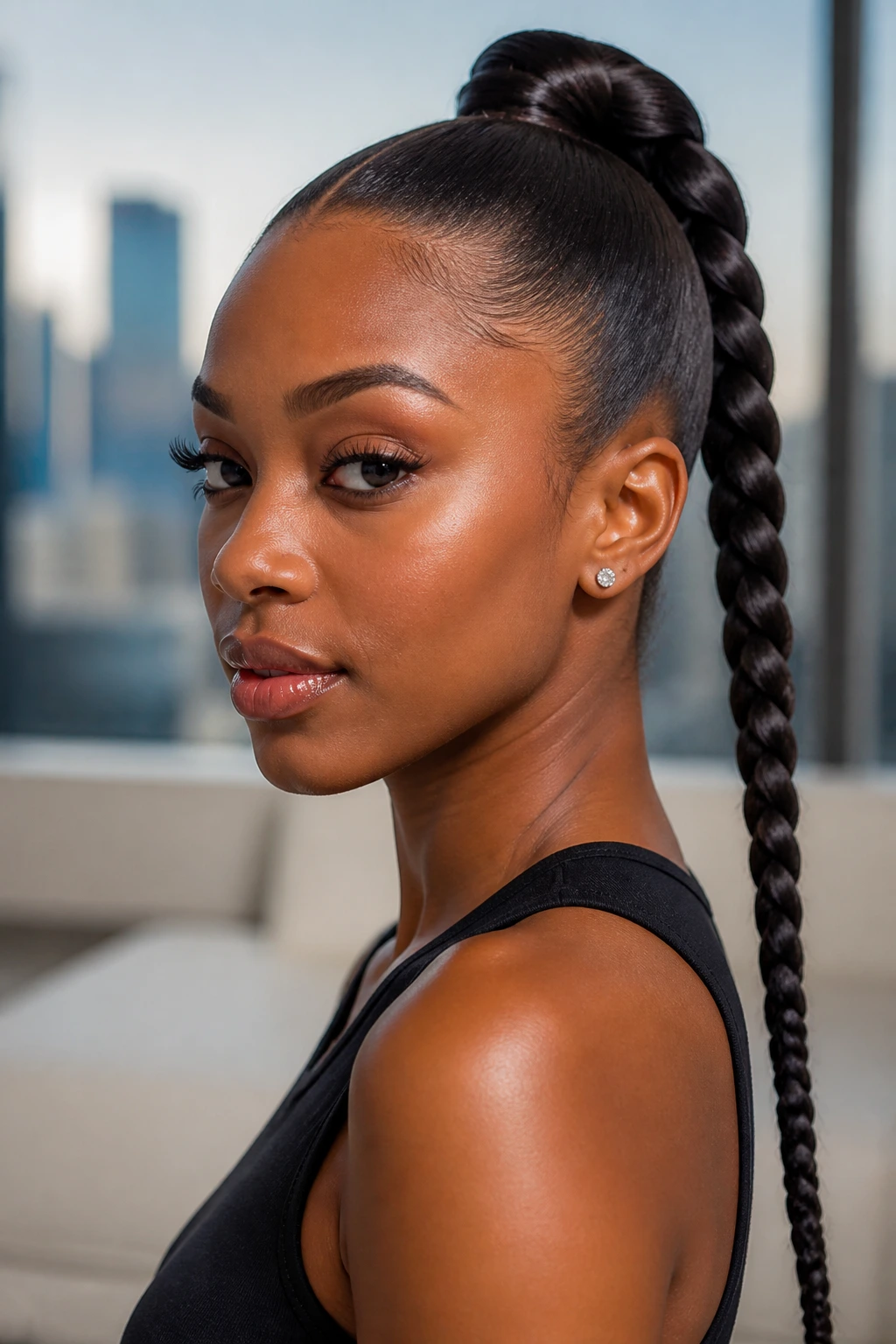 Close-up of a woman with a sleek high ponytail braid.