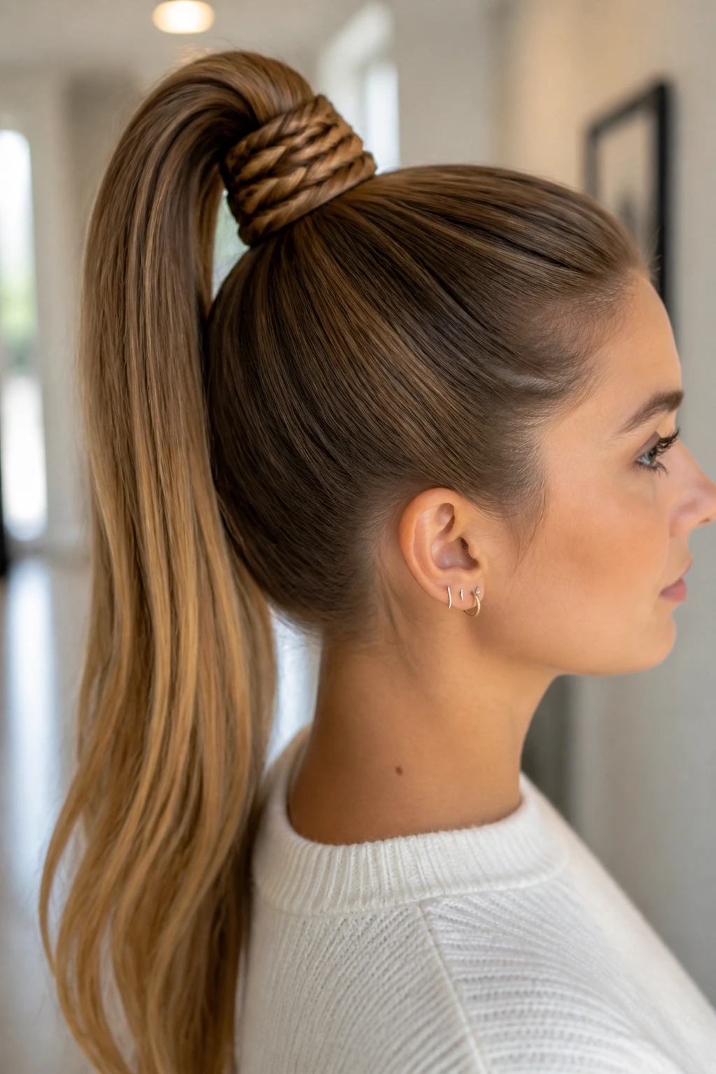 Close-up of a woman with a high ponytail featuring a braided wrap at the base