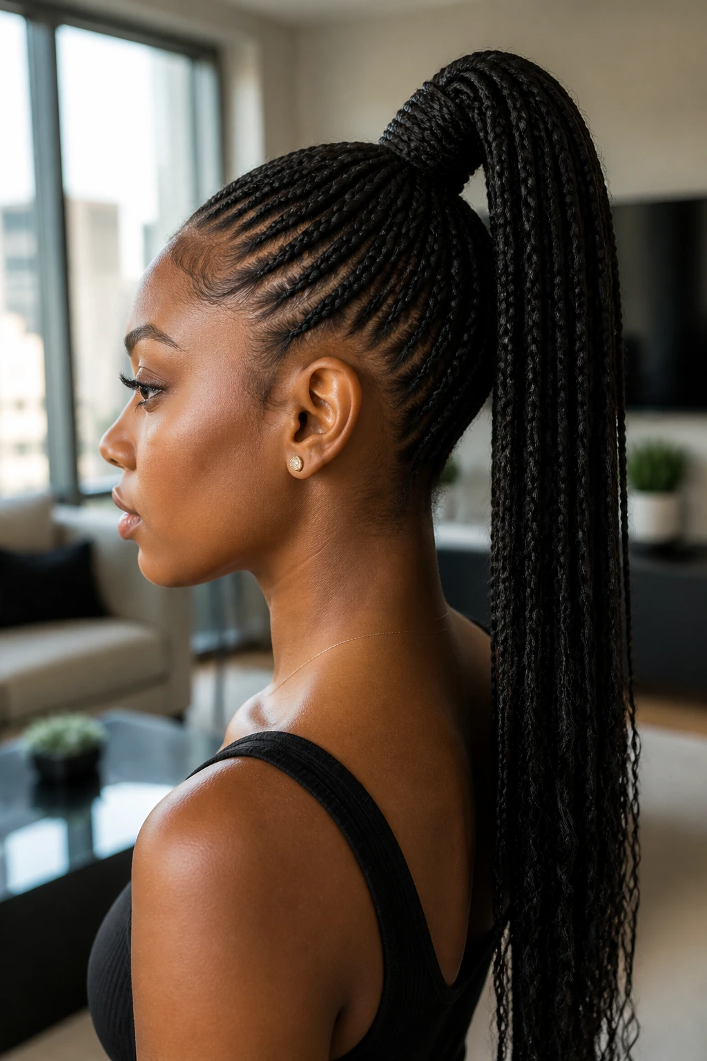 Portrait of a real person with a high braided ponytail and wrapped base