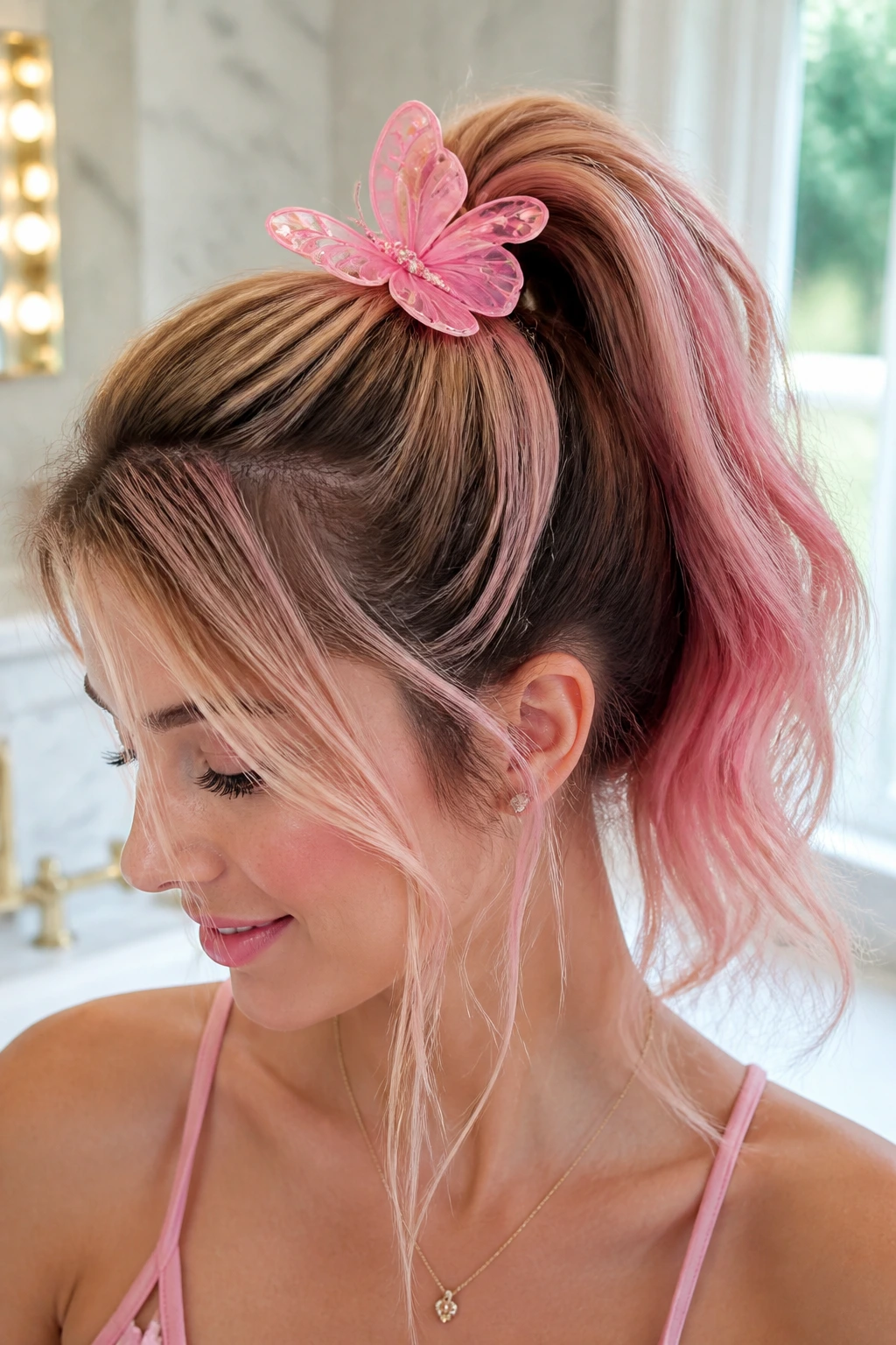 Close-up of a real person with a high ponytail wrapped by a pink butterfly clip