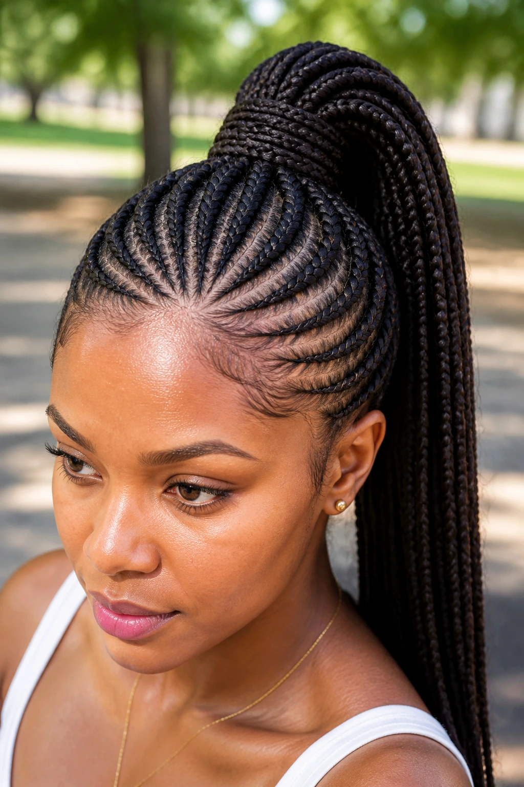Real person with high ponytail cornrows in a park setting.