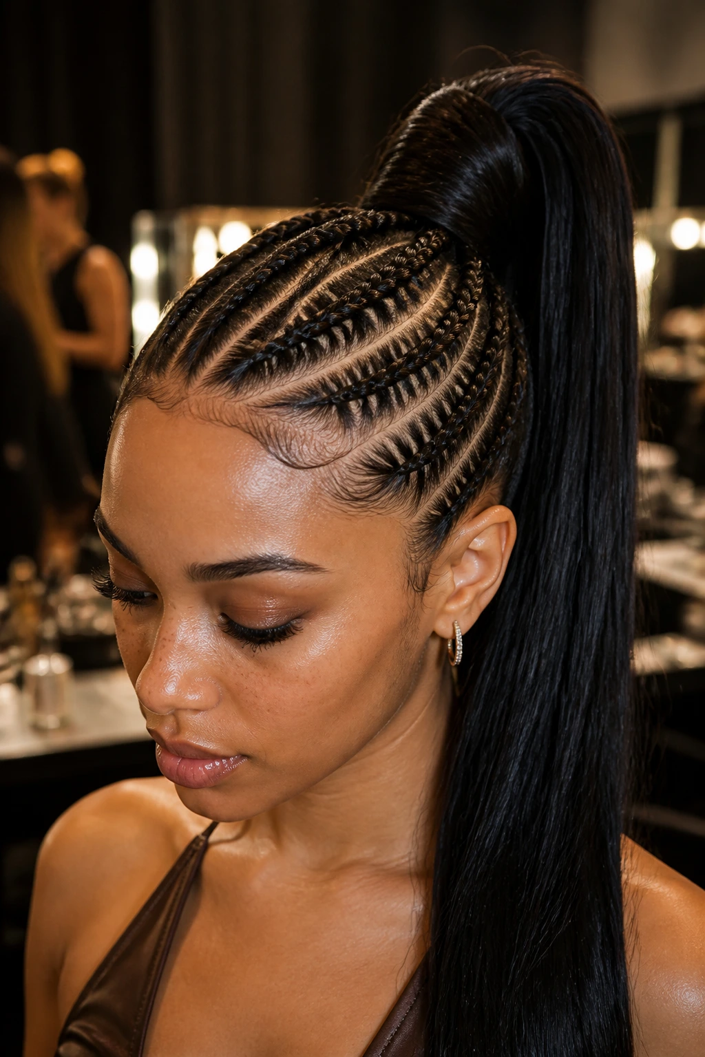 Close-up of a real woman with front cornrows leading to a high ponytail