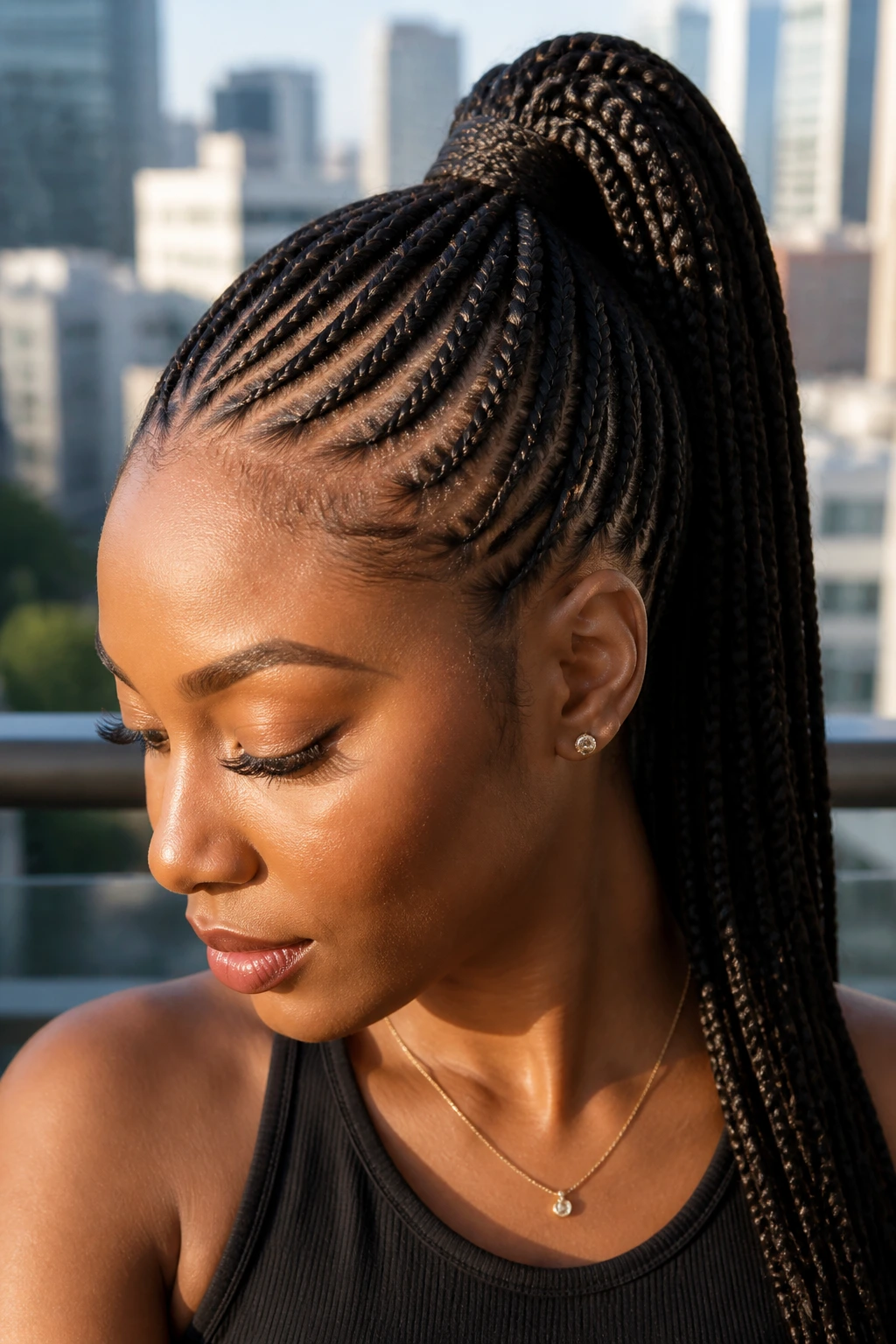 Close-up of a real person with a braided high ponytail