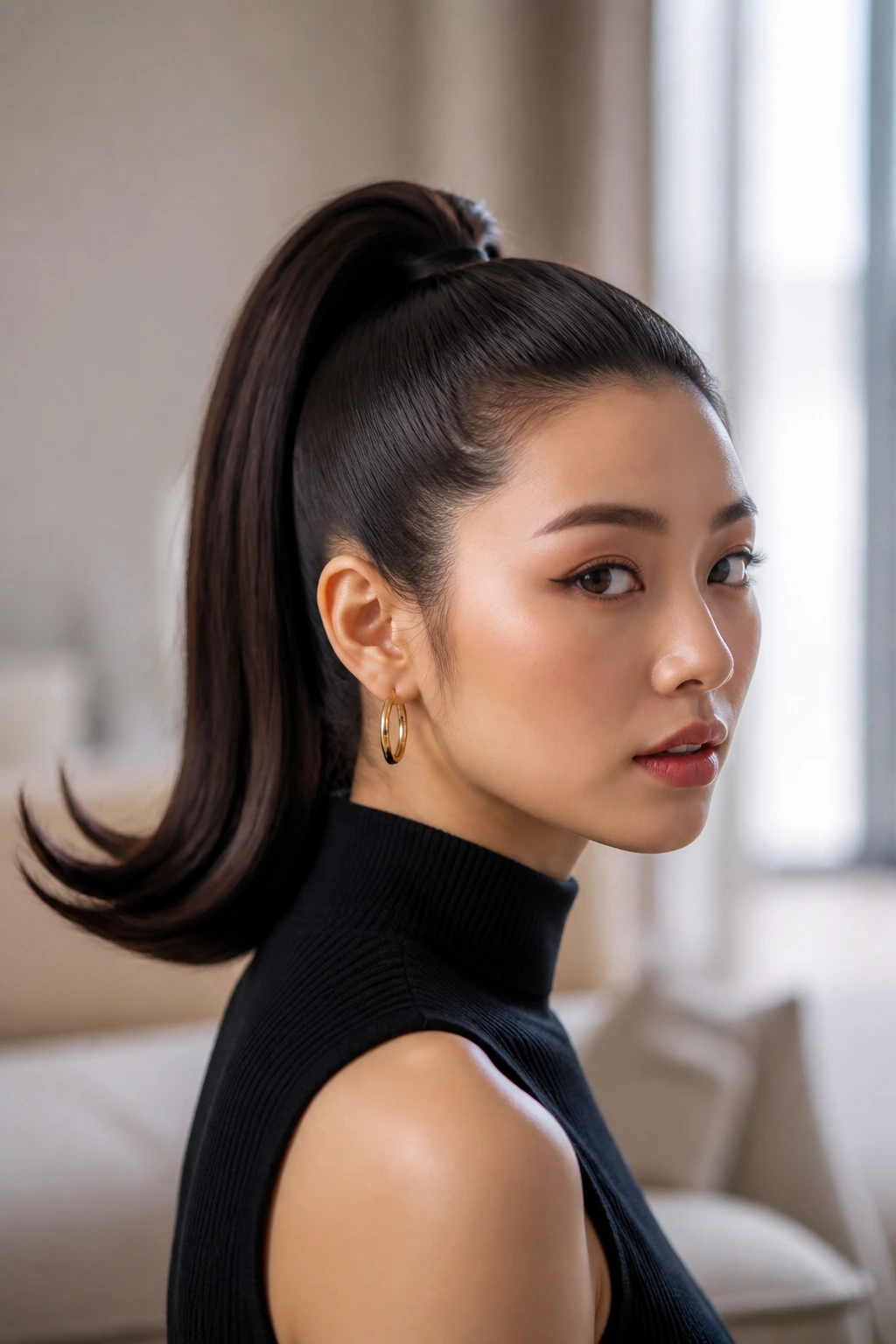Portrait of real woman with high ponytail and flip, straight hair.